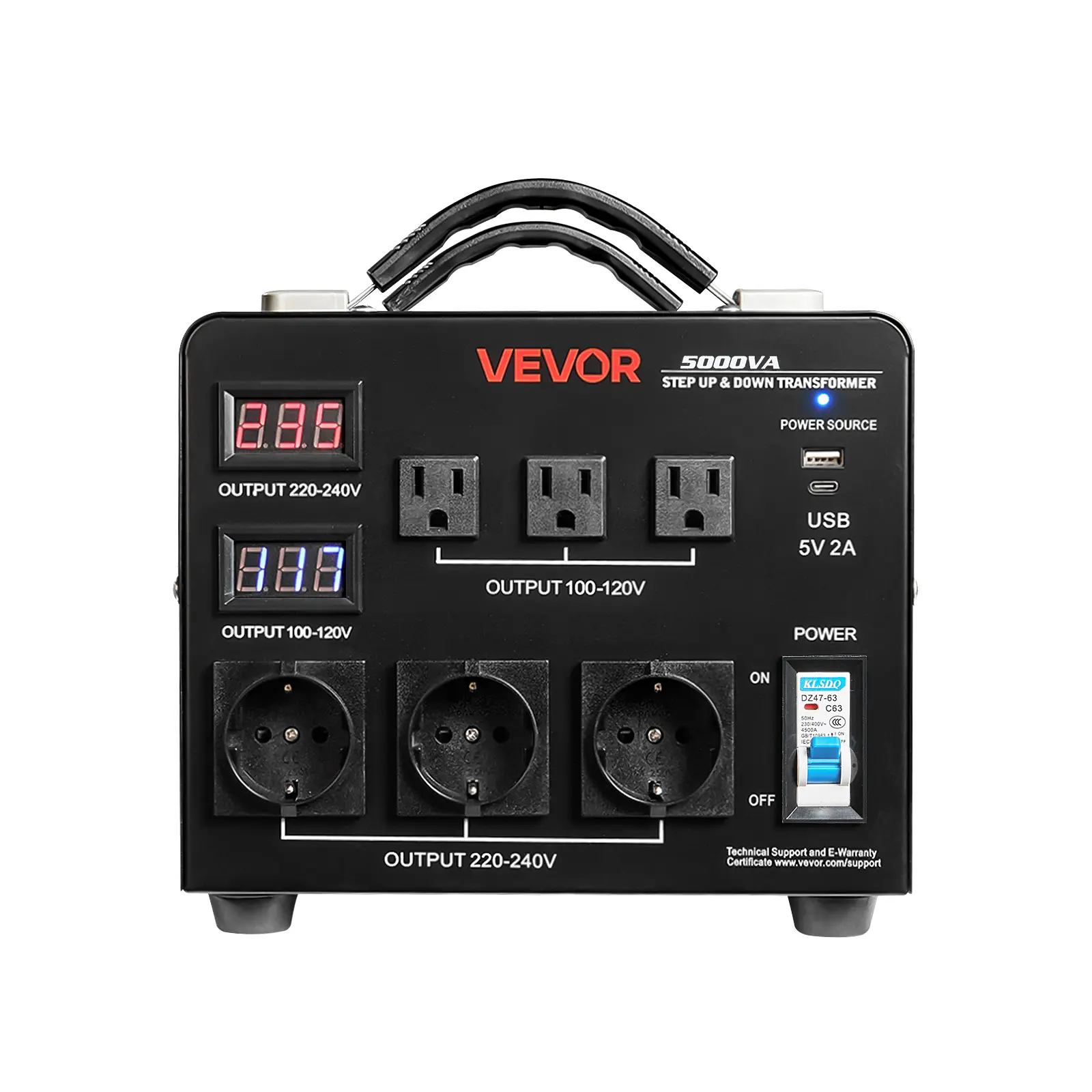VEVOR 5000VA Automatic Voltage Detection Step-Up-Down Voltage Converter Transformer, Plug-N-Play 110V-220V AC Power Supply, 3 US/3 EU Outlets, 1 USB Output, LCD Display, Circuit Breaker Protection, Heavy Duty, Not for EV Charging, Father's Day Gift