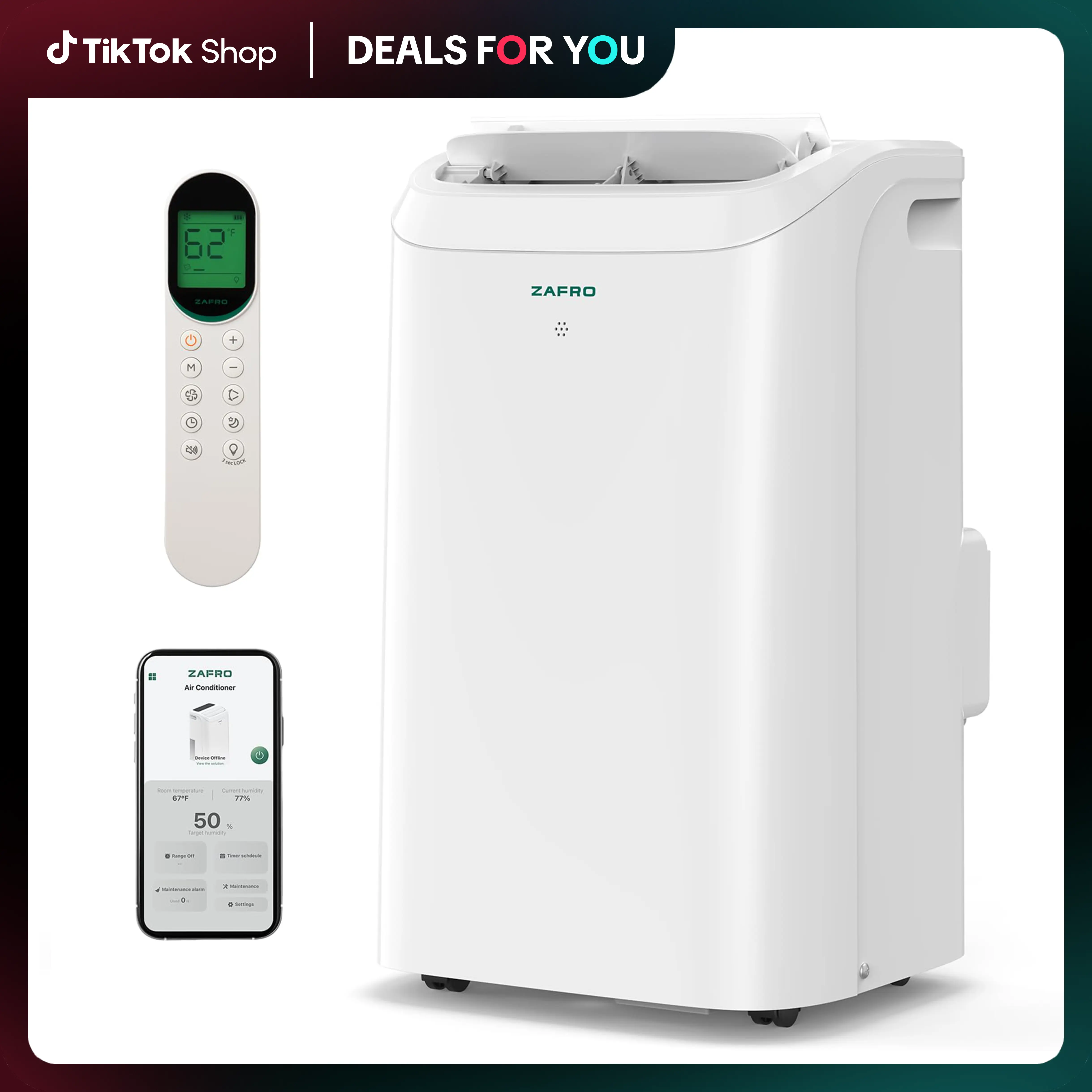 ZAFRO (44dB) 10K/12K/14K BTU（6K/8K/10K SACC) Portable Air Conditioners with WiFi, Ultra-Quiet, R32 Eco-Friendly,Fast Cooling in 30s, No Drainage Needed, Filter Cleaning Reminder, 360° Wheels for Home/Office