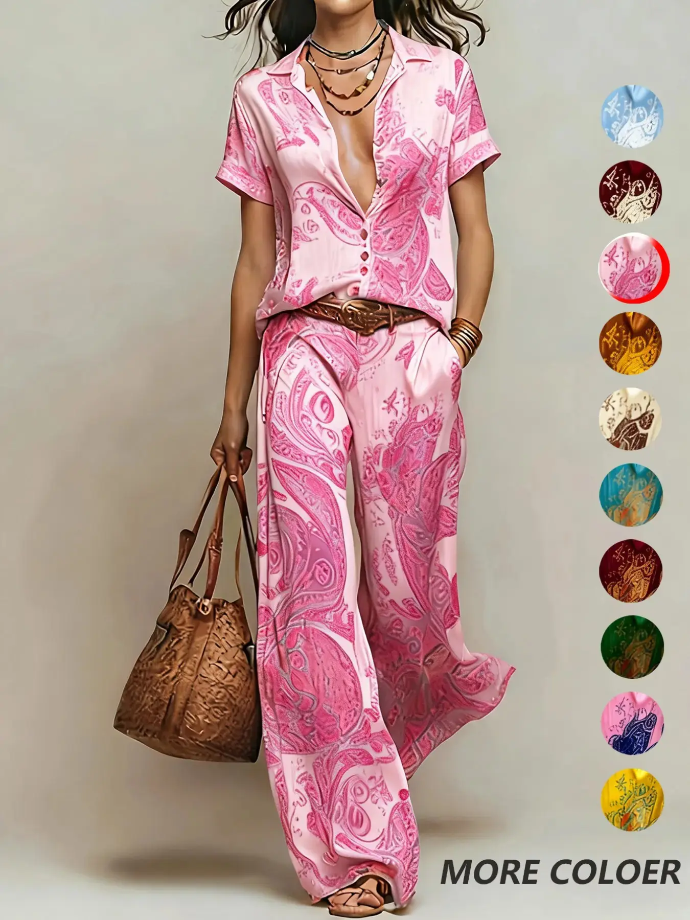 Faith's Exclusive Casual Vacation Chic Geometric Blouse with Pocket Straight Pants, No Belt Included, Perfect for Leisure Wear