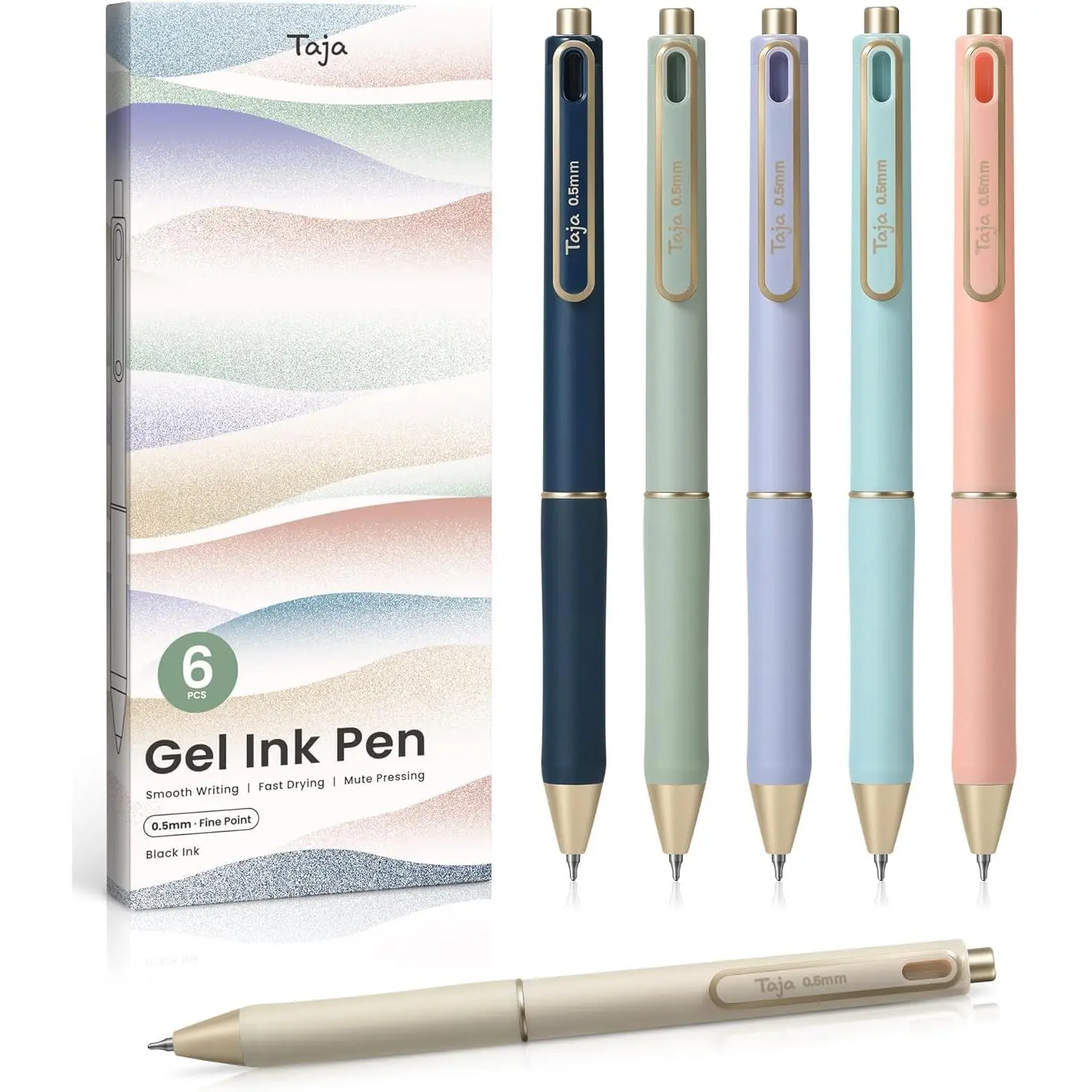 Taja Gel Pens, 6 Pcs Quick Dry Black Gel Ink Pens, 0.5mm Fine Point Smooth Writing Pens for Journaling and Note Taking, Cute Aesthetic Pens for Women & Men-Pastel