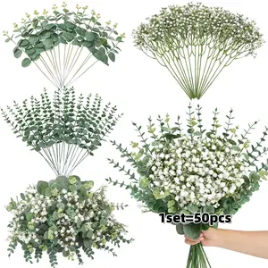 50pcs Mixed Artificial Eucalyptus Stems, Babys Breath Flowers for Weddings, DIY Bouquets, Home Decor, Greenery Stems, Plastic Flower Decoration, Plastic plants
