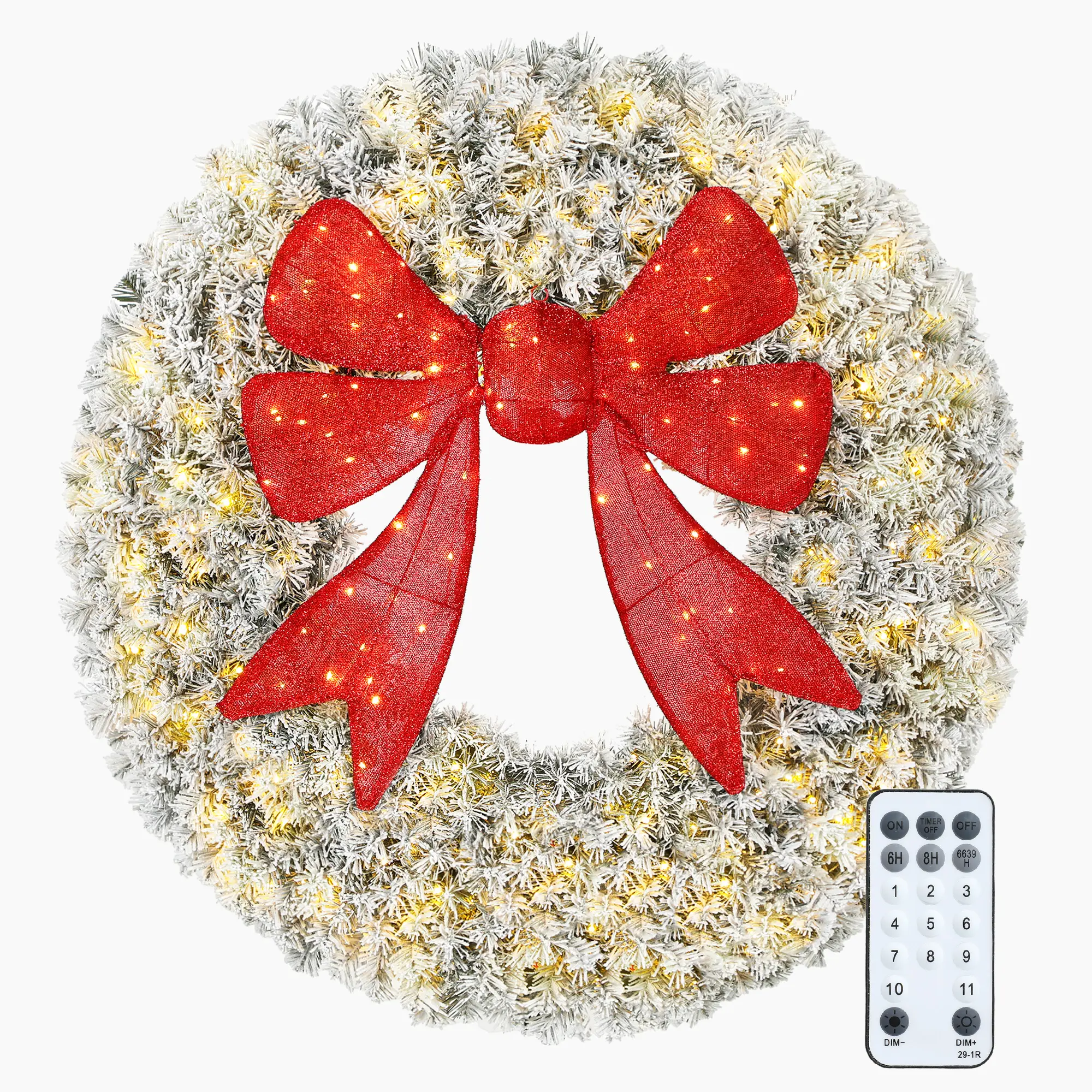 48in Flocked Pre-Lit Christmas Wreath with 3D Red Bow – 11 Lighting Modes, 200 Lights & Remote Control. Weather-Resistant. For Front Door, Mantel or Window