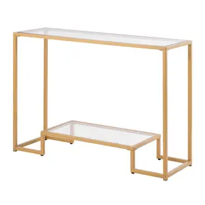 Spring new arrivals 2-Tier Glass Console Table, Modern Rectangle Sofa Side Table with Tempered Glass Top and Iron Legs, Golden Consloe Desk with Anti-Tip Device for Living Room, Hallway, Entryway, Foyer, Golden
