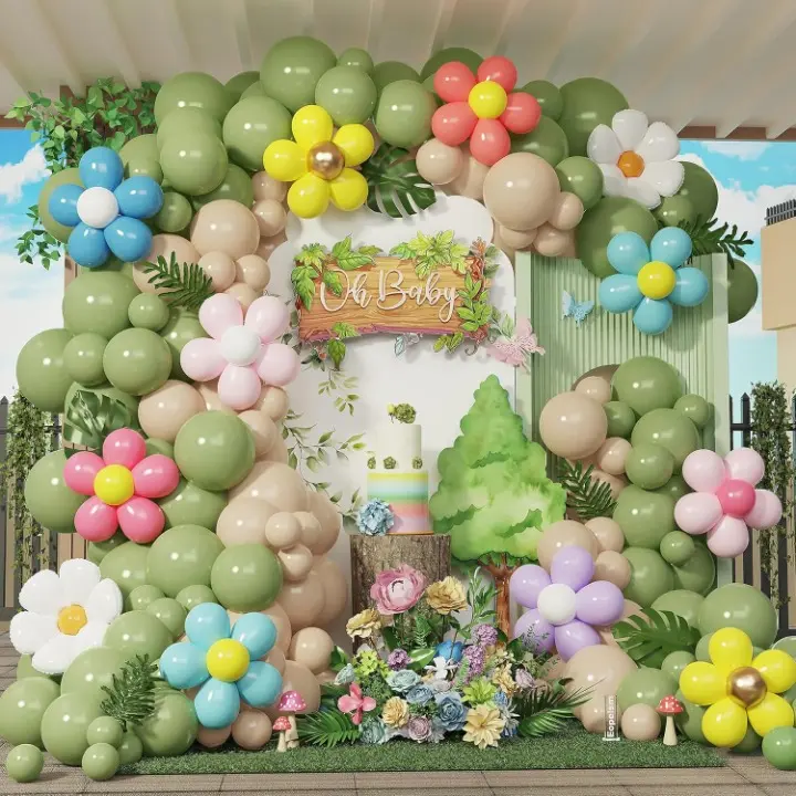 202pcs Sage Green & Light Brown Balloon Arch Kit with Daisy & Rainbow Flower Clips for Spring Party