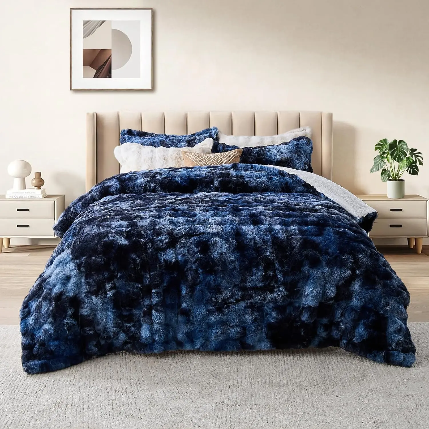 3 count  Faux   Comforter Set  Size Tie Dyed Navy Plush Fuzzy Bubble Comforter Bedding Set Warm Cozy Bedding Comforter Sets for Winter, 1 Comforter and 2 Pillowcases