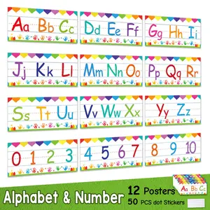 12 Alphabet and Number Wall Posters for Classroom Decor, Includes 50 Double-Sided Adhesive Dots, Educational Learning Tools for Kids