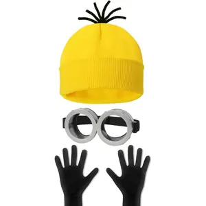 3 Pcs Halloween Costume Accessories Adult,Goggles Glasses/Yellow Beanie/Gloves for Men Women Cosplay Party Set