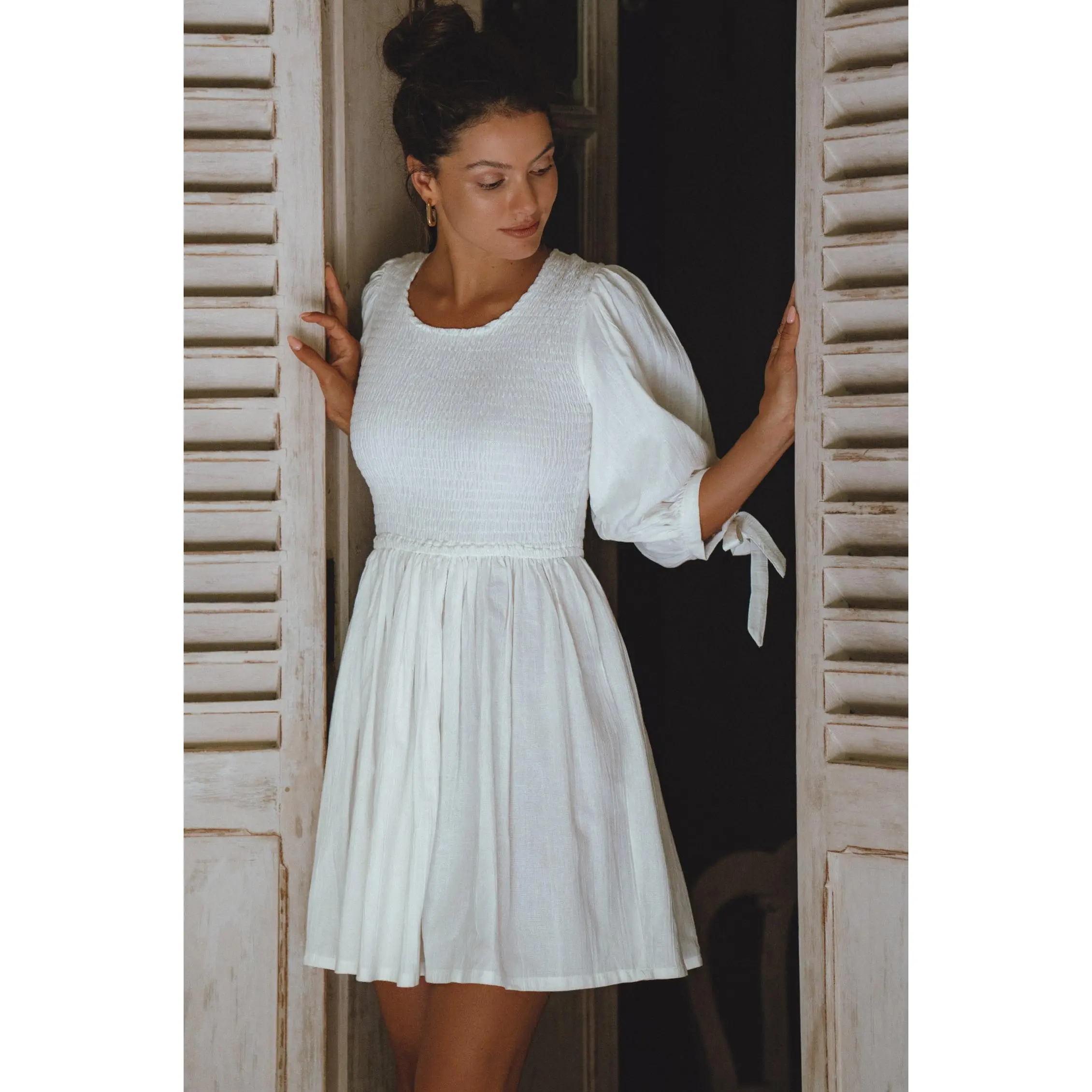 Jolie Puff Sleeve Linen Mini Dress  - White