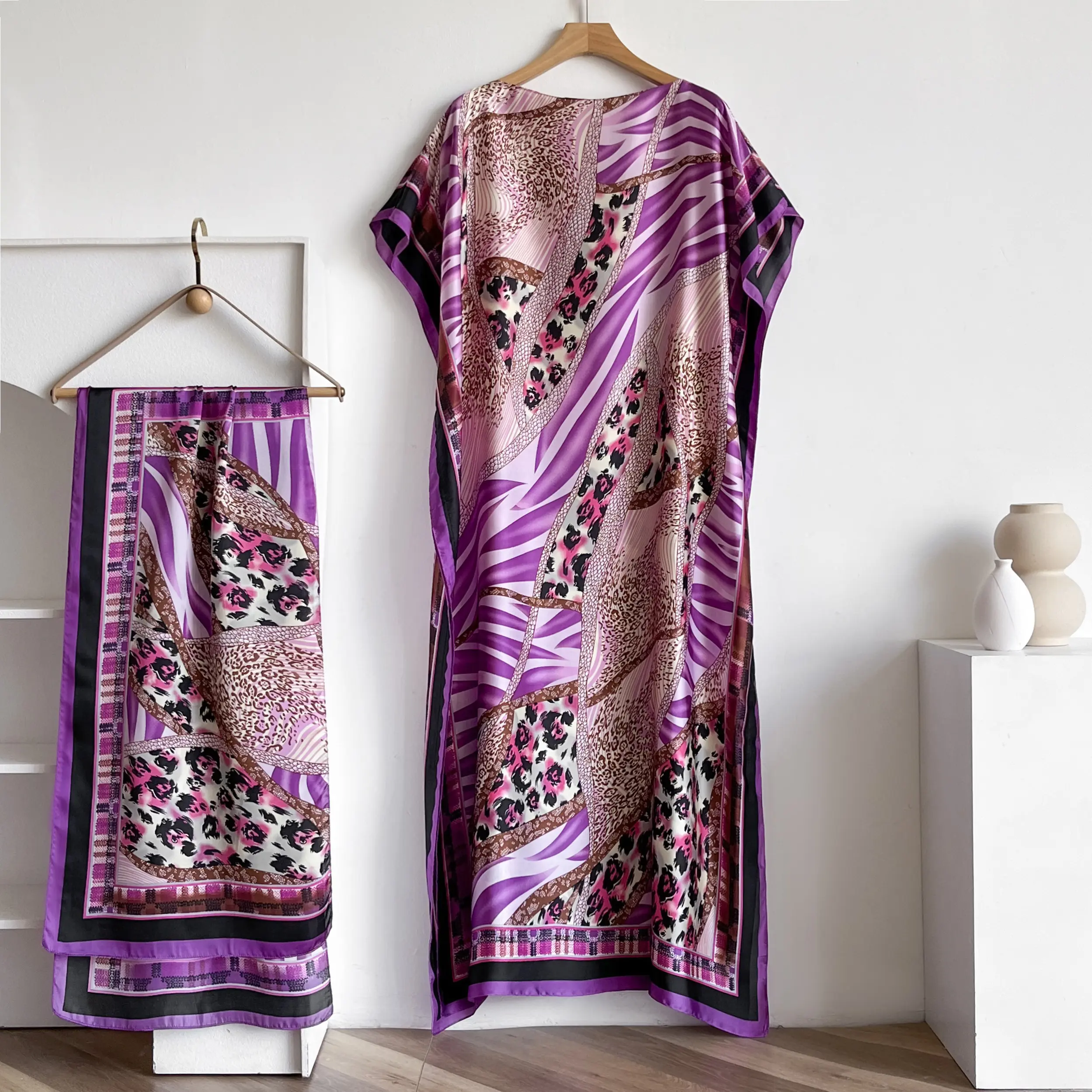 Women's Polyester Sleeveless Floral Print Kaftan Dress & Matching Shawl Set - 1-Size-Fits-Most Swim Cover-Up for Beach,Poolside - Silky Satin,Watercolor,Geometric,Leopard,Zebra Print Travel Apparel
