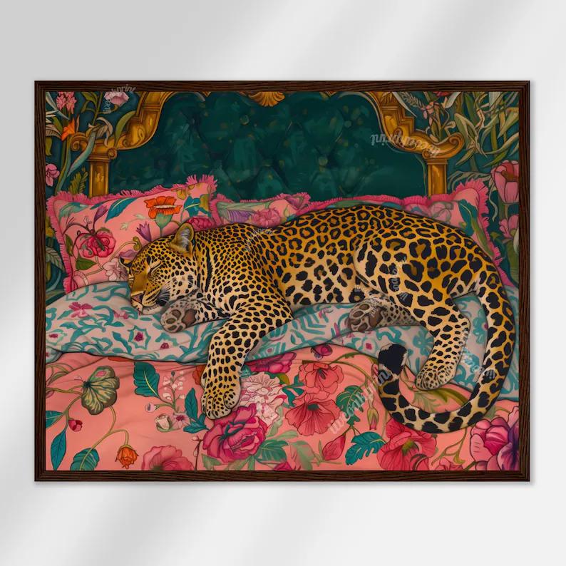 Sleepy Leopard in a Vintage Bed Print - Pink & Emerald Green Maximalist Wall Art - Jungle Bedroom Decor