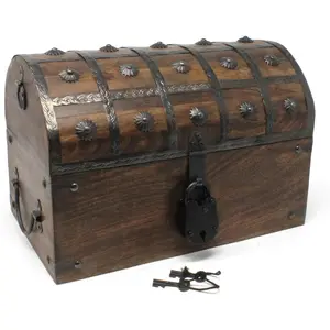 Pirate Treasure Chest with Iron Lock and Skeleton Key - Wooden Storage and Decorative Box (Large 13 x 8 x 8.25)