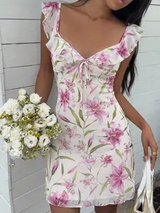 EMILEE 2026 Pink Floral Patchwork Ruffle Hem Mini Dress Suitable For Various Occasions Vacation Casual