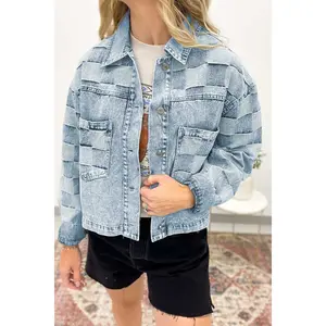 Women's Beau Blue Polyester Denim Checkered Pattern Patchwork Casual Jacket,summervibes