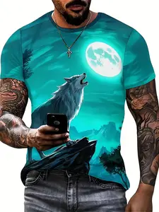 Men's Wolf Pattern T-shirt, Comfortable 3D Printed Slightly Stretch Round Neck Short-sleeved T-shirt Summer Outdoor, Men's Clothing, Easter Father's Day Gift