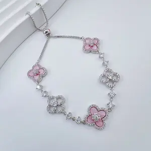 Electroplated Bracelet Four-Petal Flower Zircon Jewelry Lucky Four-Leaf Clover Flower Bracelet for Women