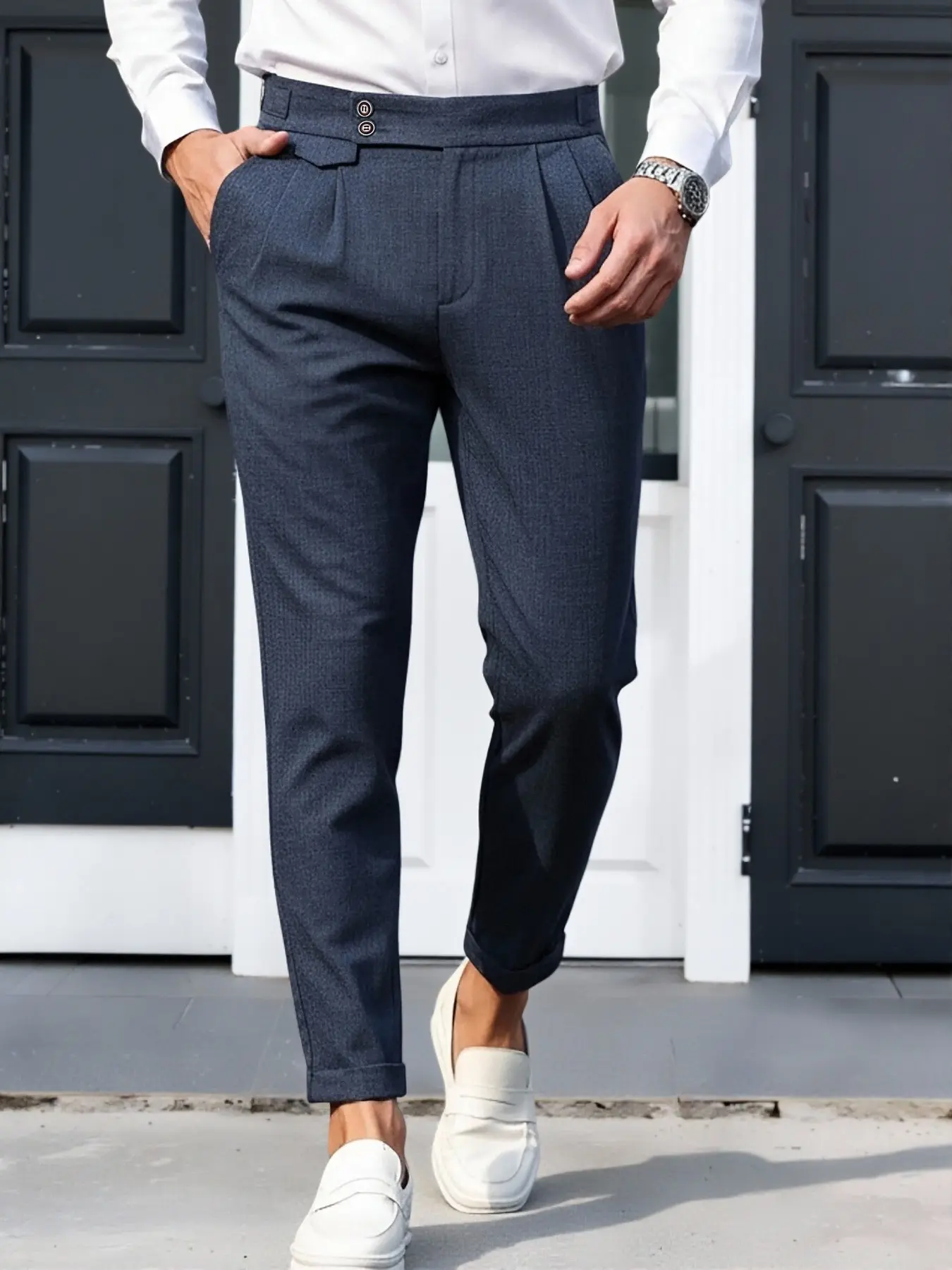 Men's Textured Drapey Casual Suit Pants with Pocket, Casual Plain Trousers, Lightly Mature Business Style, Office Daily Nine-Quarter Pants, Comfortable Workwear, Business Fashion Pants