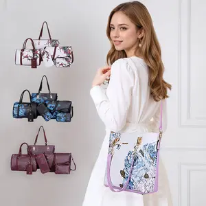 Fashionable 6 Pcs Shoulder Tote Set for Women Floral Print Crossbody Bag Wallet PU Leather Handbag with Zipper for Daily