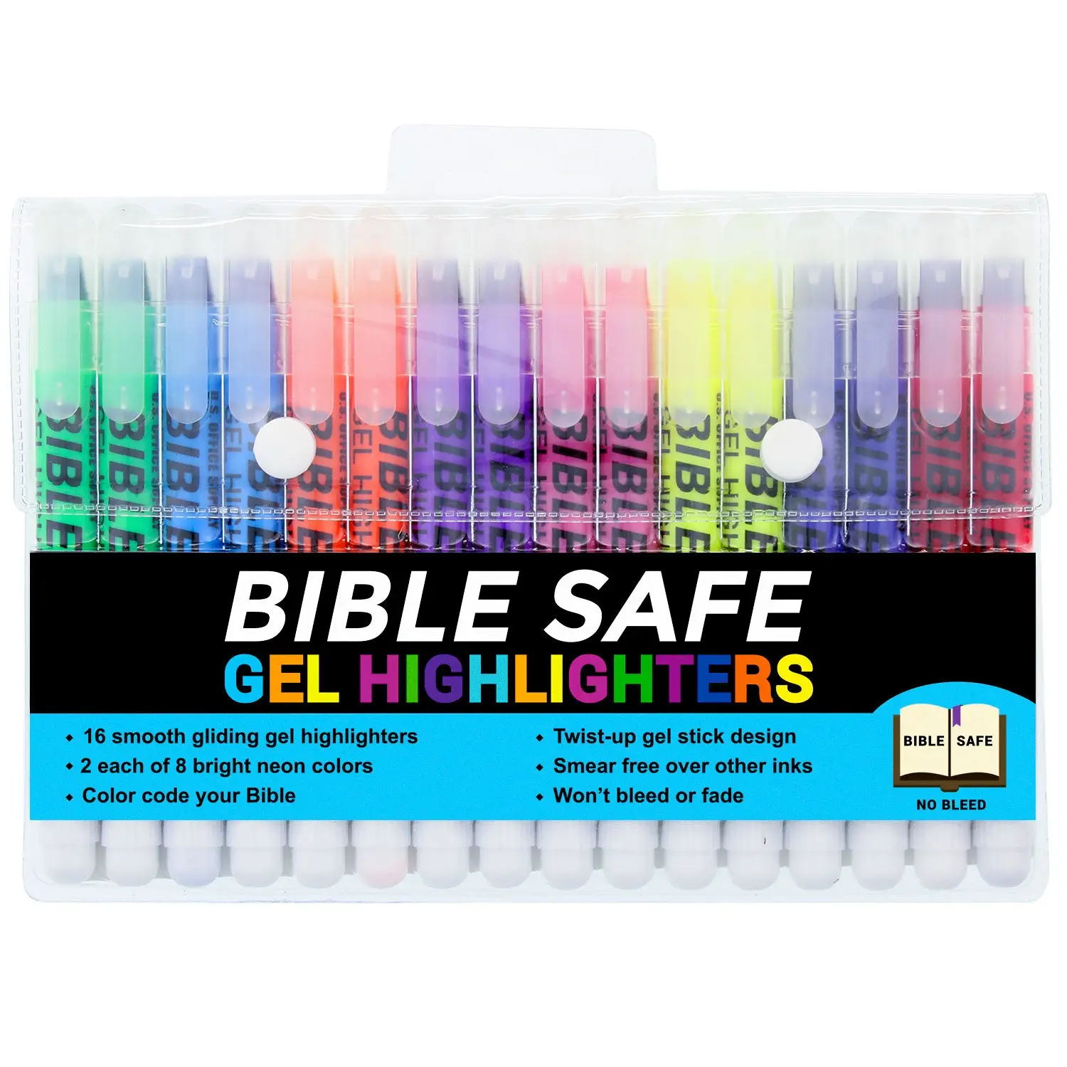 U.S. Office Supply Bible Safe Highlighter Set of 16, 2 Sets of 8 Bright Flouresent Colors, Dry Bible Highlighters No Bleed, Fade or Smear, Safe Gel Ma