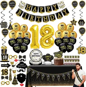18th birthday decorations for boys girls,(76pack) black gold party Banner, Pennant, Hanging Swirl, birthday balloons, Tablecloths, cupcake Topper, Crown, Photo Props, Birthday Sash for men gift