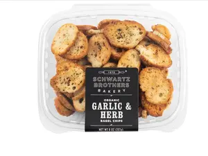 Garlic & Herb Bagel Chips NY Style Bagel Crisps. Organic, Vegan, Kosher. From the artisans of Schwartz Brothers Bakery. Baked Fresh. Twice Baked. 8 ounce container. Great Snack. Delicious. Pack of 2.