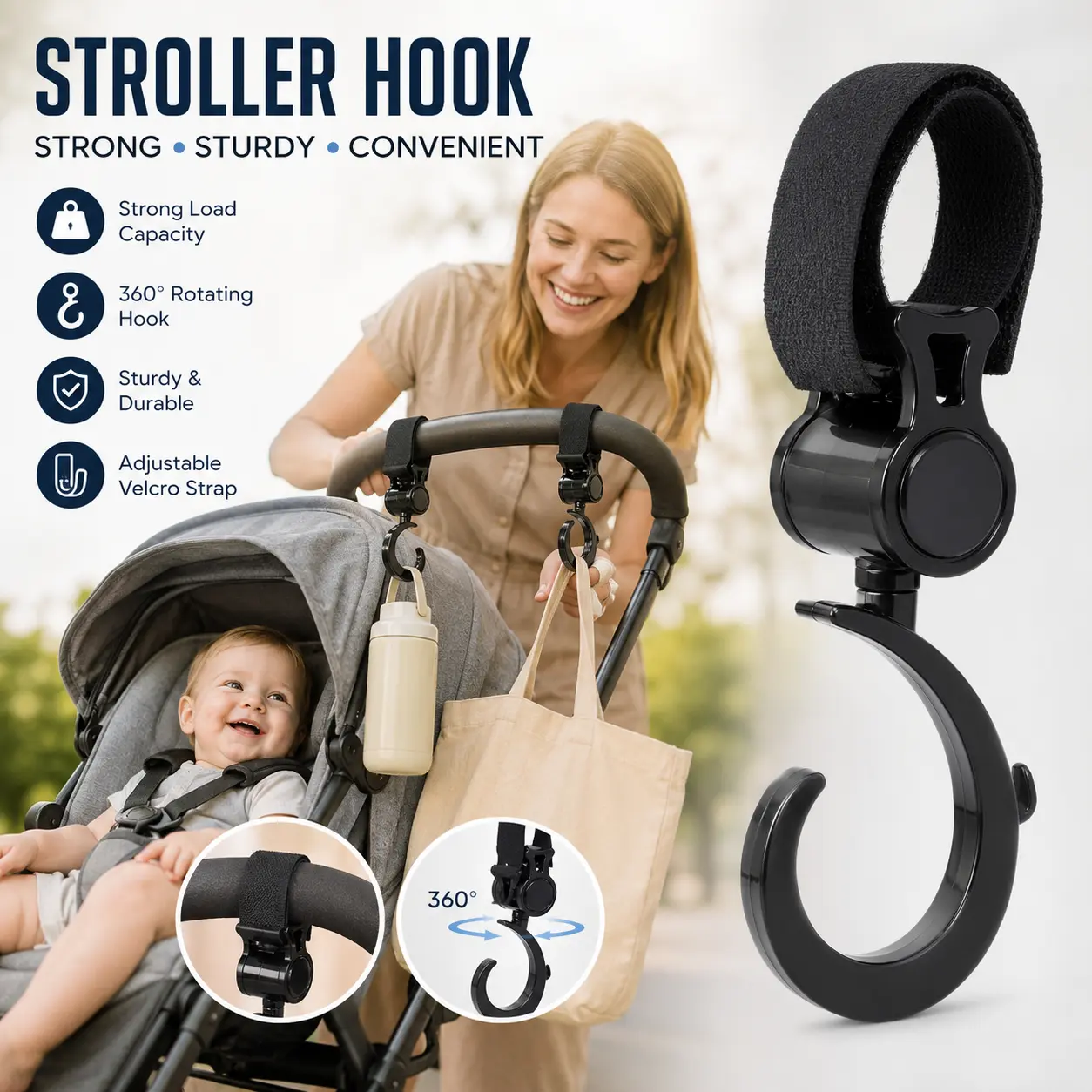 2 Counts, Stroller Hooks with Adjustable Non-slip Strap, Suitable for Hanging Pouches, Shopping Bags and Small Items on Stroller Handles Outdoors
