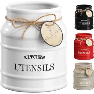 Ceramic Farmhouse Utensil Holder for Kitchen Counter, Large Rustic Utensil Crock, Countertop Cooking Tool Spatula Organizer, 6.75" (White)