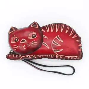 Genuine Handmade Leather Cat Wristlet Coin Purse Wallet Change Purse Cartoon Mini Bag Animal Small Bag