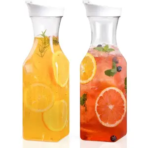 Set Of 2 Plastic Carafe With Lid, 50 Oz Mimosa Bar Supplies, Large Plastic Water Pitcher, Square Base Juice Containers For Party, Milk Container, Beverage Containers For Fridge HAND WASH ONLY
