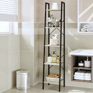 Hzuaneri Ladder Shelf, Bookshelf Bookcase, Freestanding Corner Storage Shelve with 2 Hooks for Home Office, Living Room, Kitchen, Bedroom, Industrial
