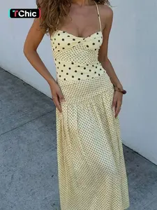 Women's Polka Dot Print Tie-neck Halter Dress, Bust Twisted Ruched Boho Sleeveless Backless A-line Slip Dress, Party Club Date Holiday Beach Vacation Daily Casual Sweet Cami Maxi Long Dresses For Ladies Summer Fashion Clothes Wear