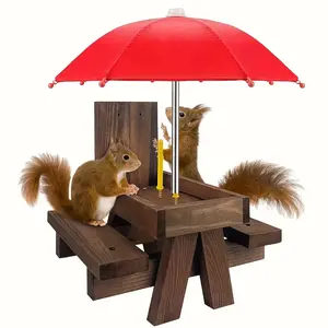 Wooden Squirrel Picnic Table Feeder with Parasol, Durable Squirrel Feeder Corn Cob Stand
