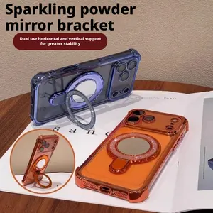 Luxury Glitter Mirror Magnetic Stand for IP17 Pro Max HD Lens Protector Four-Corner Shockproof Phone Case with Airbag Anti-Fall for IP16/15/14 Pro Max Models