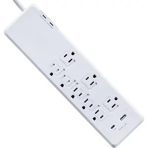 Surge Protector Power Strip with USB C & USB A,8 Outlet Flat Plug Extension Cord,2160 Joules,Fast Charging,6FT Braided Cord, Low Profile Multi Outlet Strip for Home,Office,TV,Desk,PowerBlitz – White, Power strip with long cord, electric board, plug board