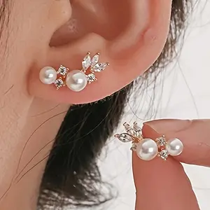 Elegant Exquisite Inlay Imitation Pearl Branch Leaf Shape Stud Earrings for Women Party Casual Banquet High Quality Jewelry