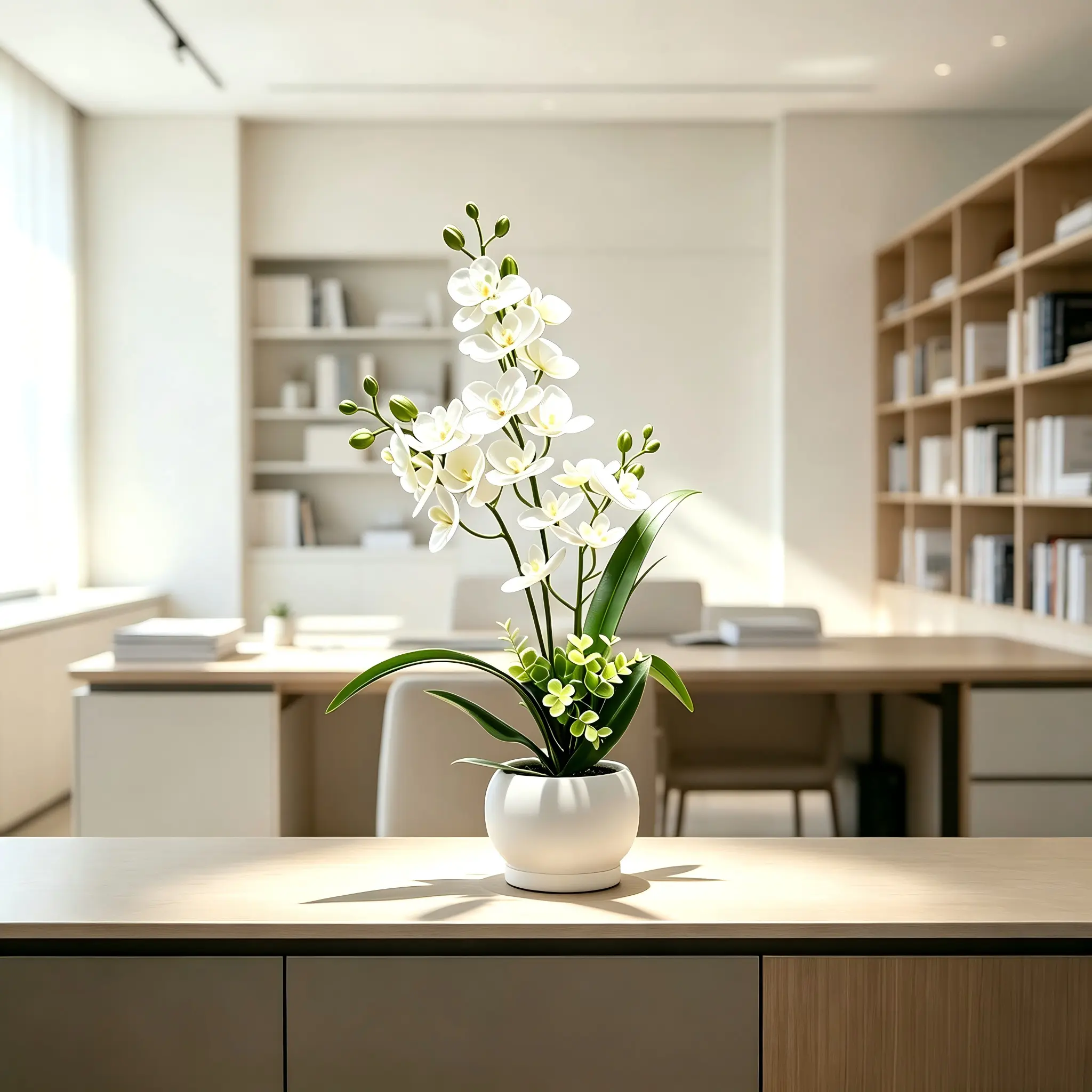 office desktopWhite Phalaenopsis potted artificial plants and artificial flowers on the office desktop, with finely colored petals soft and lifelike, and also suitable for bookshelves, porch, balcony tables and office coffee tables.