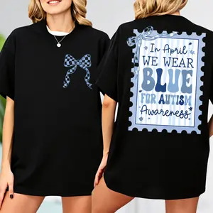 In April We Wear Blue Autism Awareness T-shirt, Coquette Autism T-shirt, Autism Mom Gift, Autism Teacher T-shirt, Coquette Autism Bow Tee