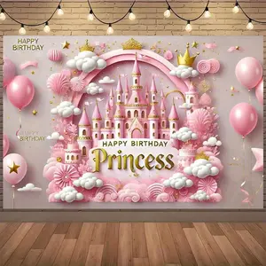 Princess Castle Pattern Birthday Background Banner, 1 Count Dreamy Castle Theme Birthday Party Decoration, Photo Background, Wall Decoration, Garden Decoration, Ornaments
