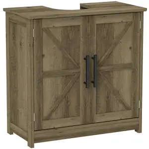 HOMCOM Pedestal Sink Storage Cabinet, Farmhouse Freestanding Bathroom Sink Cabinet with 2 Barn Doors and Adjustable Shelf, Distressed Light Gray