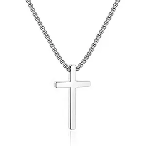 Cross Necklace for Men Teen Boys, Silver Black Gold Stainless Steel Plain Cross Pendant Necklace Box Chain 18 Inch