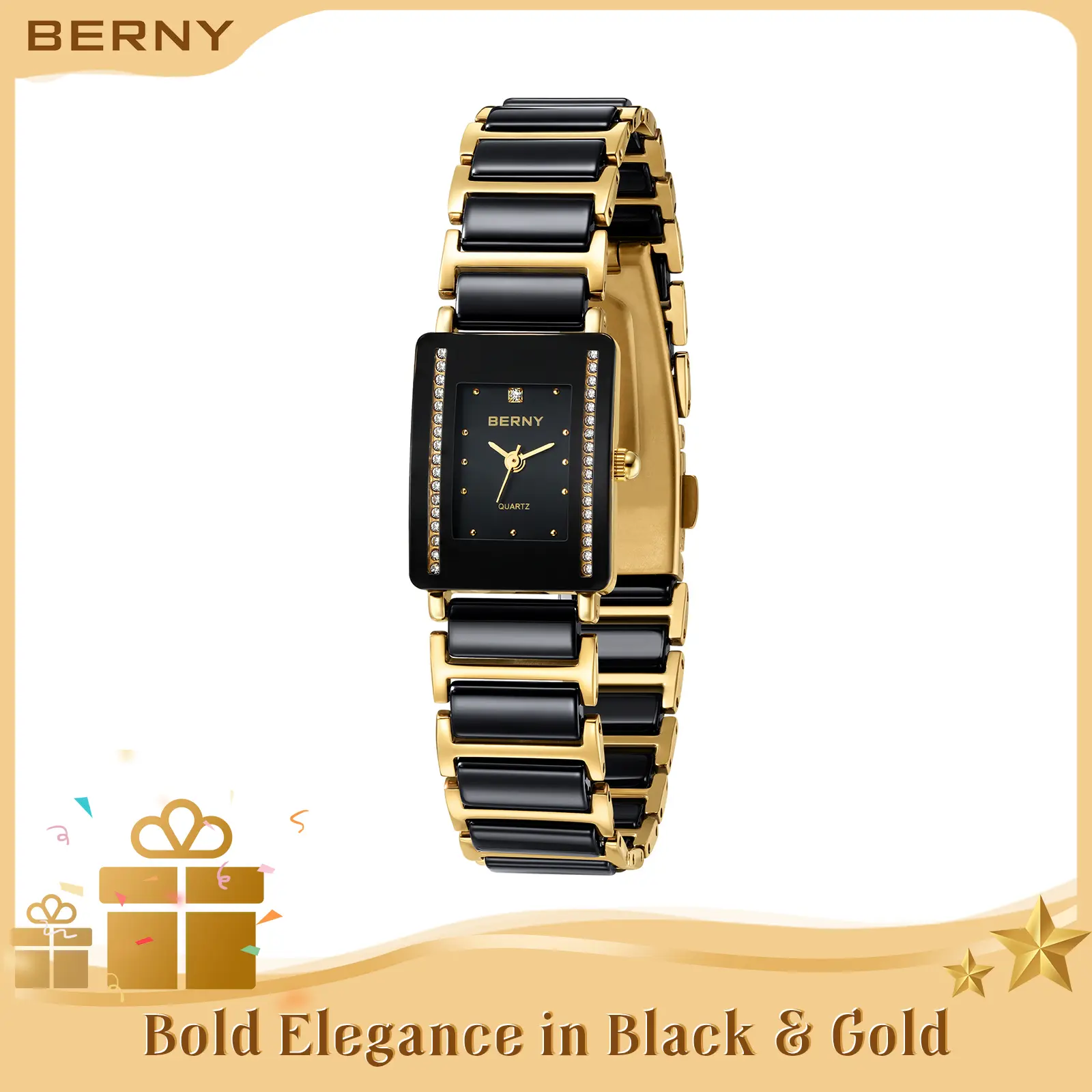 BERNY Gold Watches for Women Vintage Luxury Ladies Wirstwatch with Fashion Ceramic Strap Waterproof Quartz Danity Women's Bracelet Watch, Reloj de Mujer, Elegant Gift for Mom Wife, Fashion Summer Accessories
