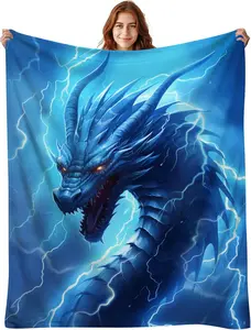 Blue Dragon Blanket - Soft Plush Flannel Throw for Kids & Adults, Funny Boys Birthday Gift