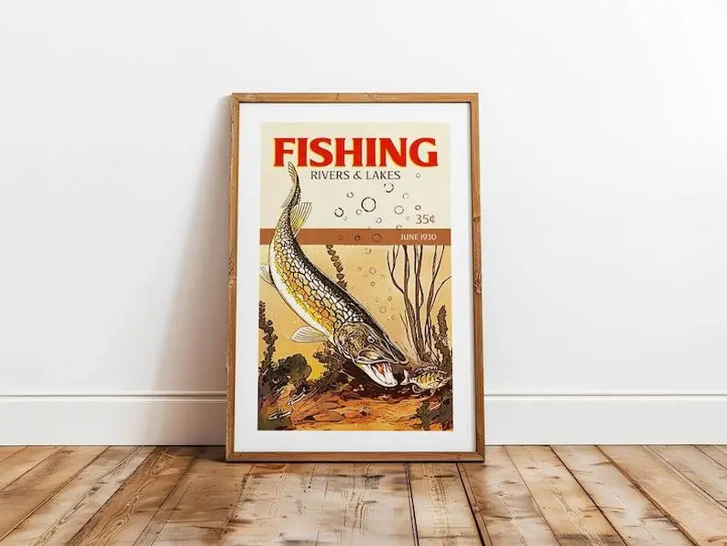 Retro Fishing Wall Art, Rustic Lake House Poster, Vintage Angler Print, Cabin Fishing Decor, Outdoor Nature Artwork, Man Cave Wall Art