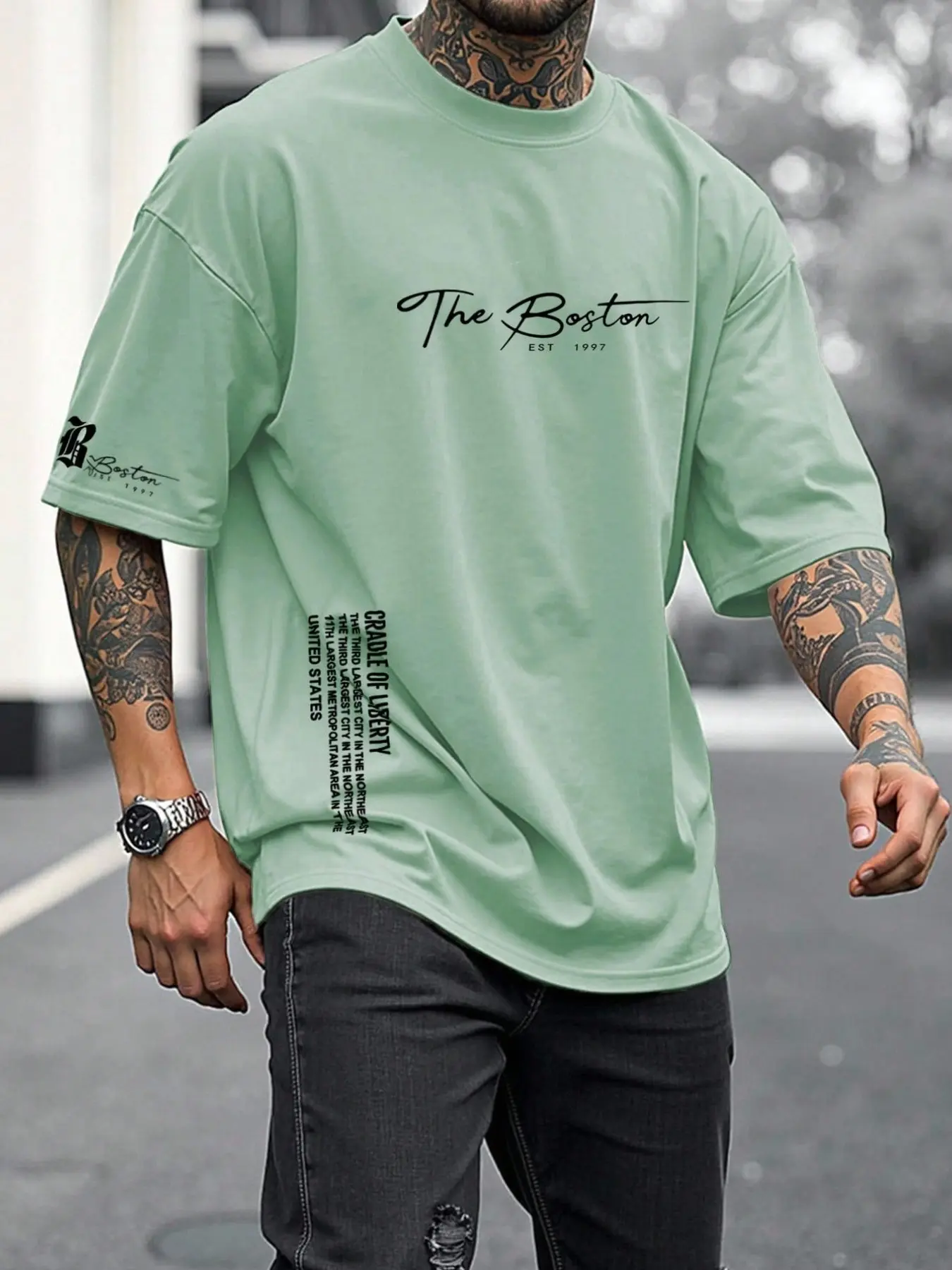 Premium Grey Oversized Tee with Boston "Cradle of Liberty" Side Print, Breathable Loose Fit Crew Neck T-Shirt for Men, Summer Casual Streetwear Drop Shoulder Sleeves Graphic Top, Perfect Gym Pump Cover.
