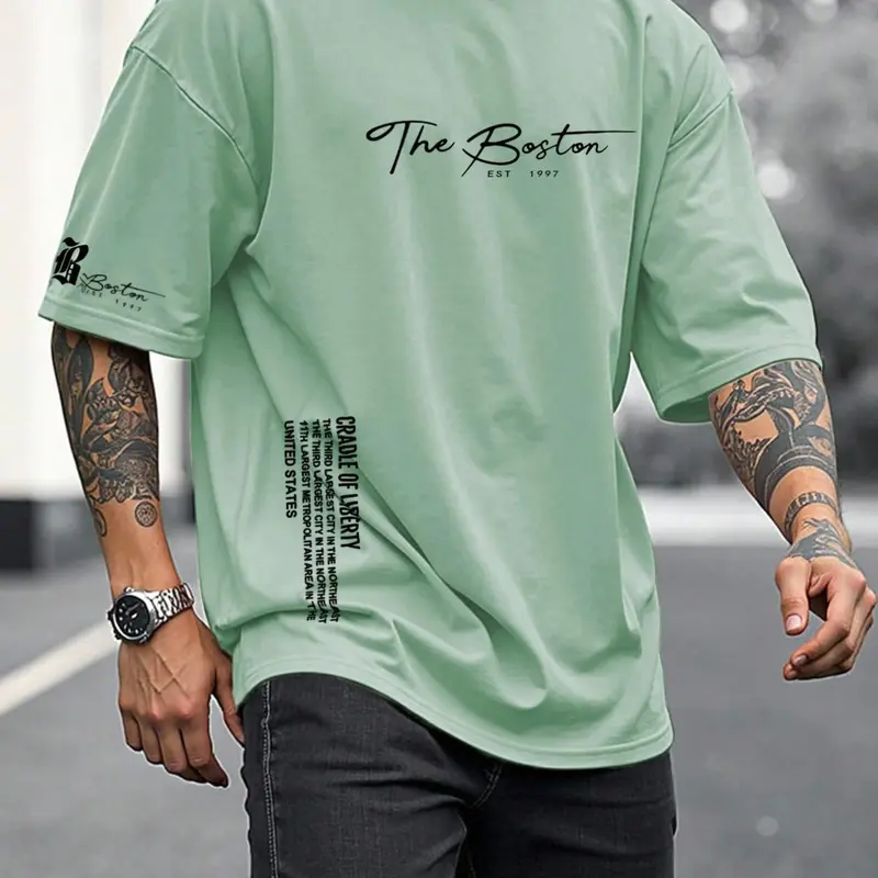 Premium Grey Oversized Tee with Boston "Cradle of Liberty" Side Print, Breathable Loose Fit Crew Neck T-Shirt for Men, Summer Casual Classic Streetwear Drop Shoulder Sleeves Graphic Top, Perfect Gym Pump Cover.