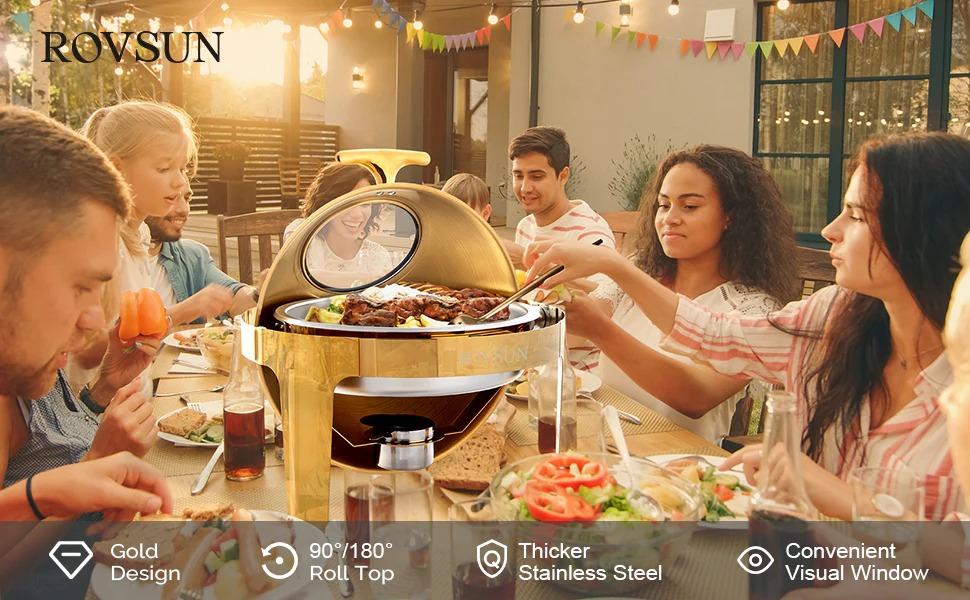 [NEW - FLASH SALE] ROVSUN 6 QT Roll Top Round Gold Chafing Dish Buffet Set with Visible Window