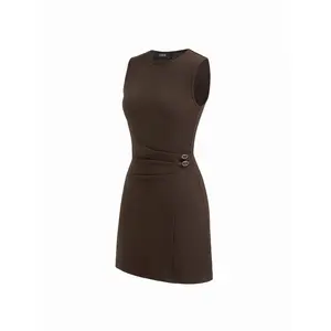 Cider Women's Round Neckline Belted Ruched Mini Dress