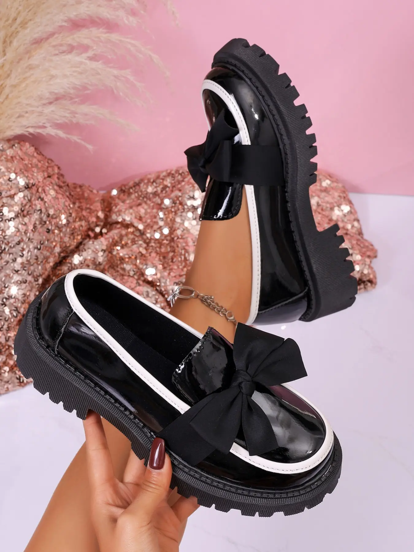 Sweet Cool Bow Thick Sole Women's Loafers, Pu Leather Loafers, Glossy Patent Leather, Soft Cute Bows, Height Increasing Comfortable Leg Lengthening, Versatile Shoes