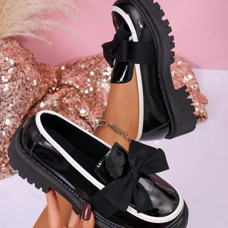 Sweet Cool Bow Thick Sole Women's Loafers, Casual Wear Shoe, Pu Leather Loafers, Glossy Patent Leather, Soft Cute Bows, Height Increasing Comfortable Leg Lengthening, Versatile Shoes