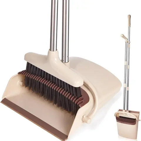 Broom and Dustpan Set with Long Handle, Light Weight Stainless Steel Poles Stand Upright Dustpans with Broom Combo for Home Kitchen Office Pet Dog Hair, Brown & Beige Color, 1-Pack Cleaning