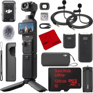 DJI Osmo Pocket 3 Creator Combo Vlogging Camera with Mic 2, 1'' CMOS, 4K/120fps Video, 3-Axis Stabilization, Face/Object Tracking, Fast Focus Bundle with Deco Gear 2 Lapel Microphones + 128GB Card